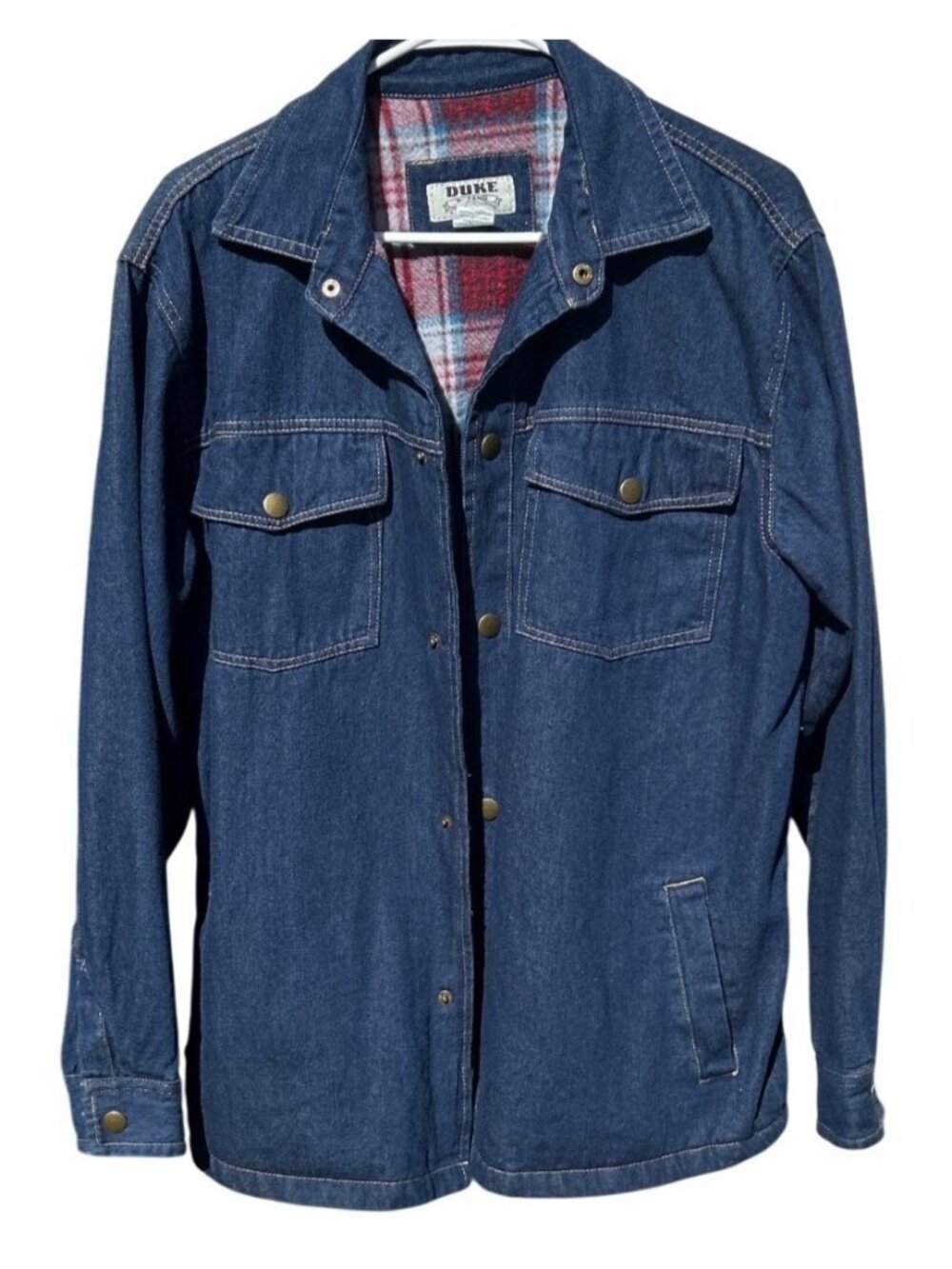 Duke Haband Mens Size M Denim Jacket With Red Plaid Lining Flaw see photos